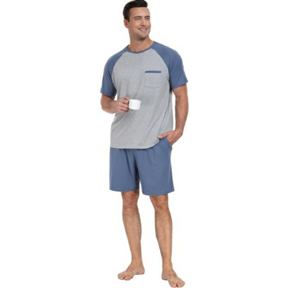 Men's Pajama Set Sleepwear Lightweight Short Sleeve Blue /Gray